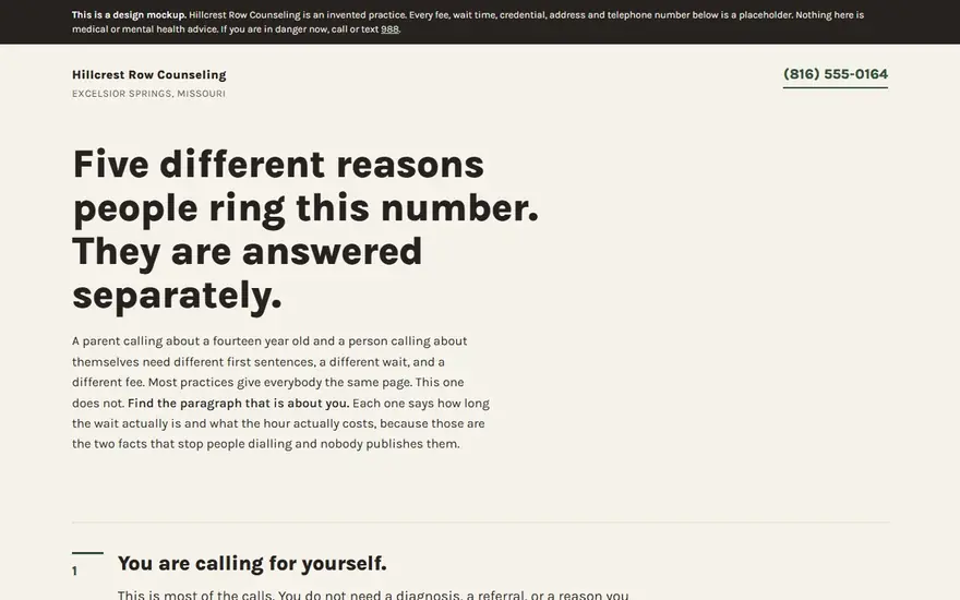 The Hillcrest Row Counseling website