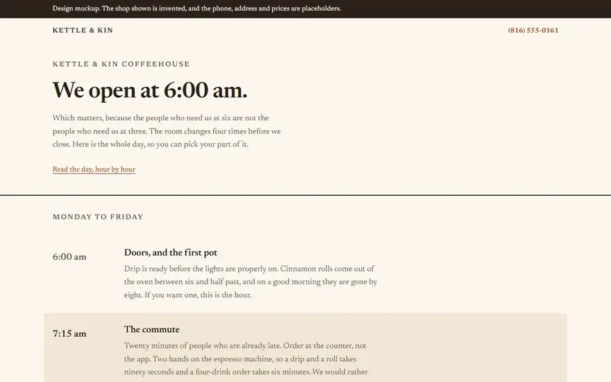 The Kettle & Kin Coffeehouse website