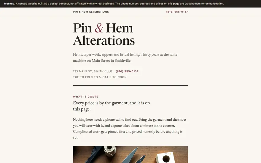 The Pin & Hem Alterations website