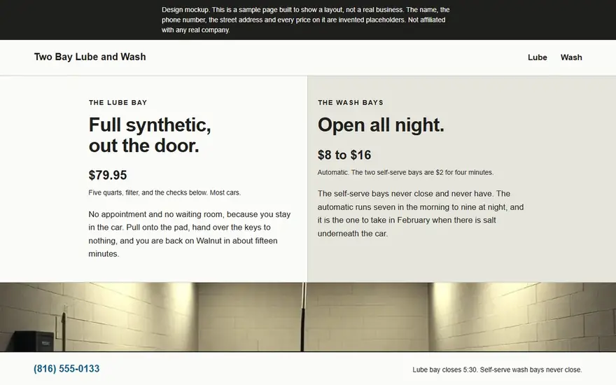The Two Bay Lube and Wash website